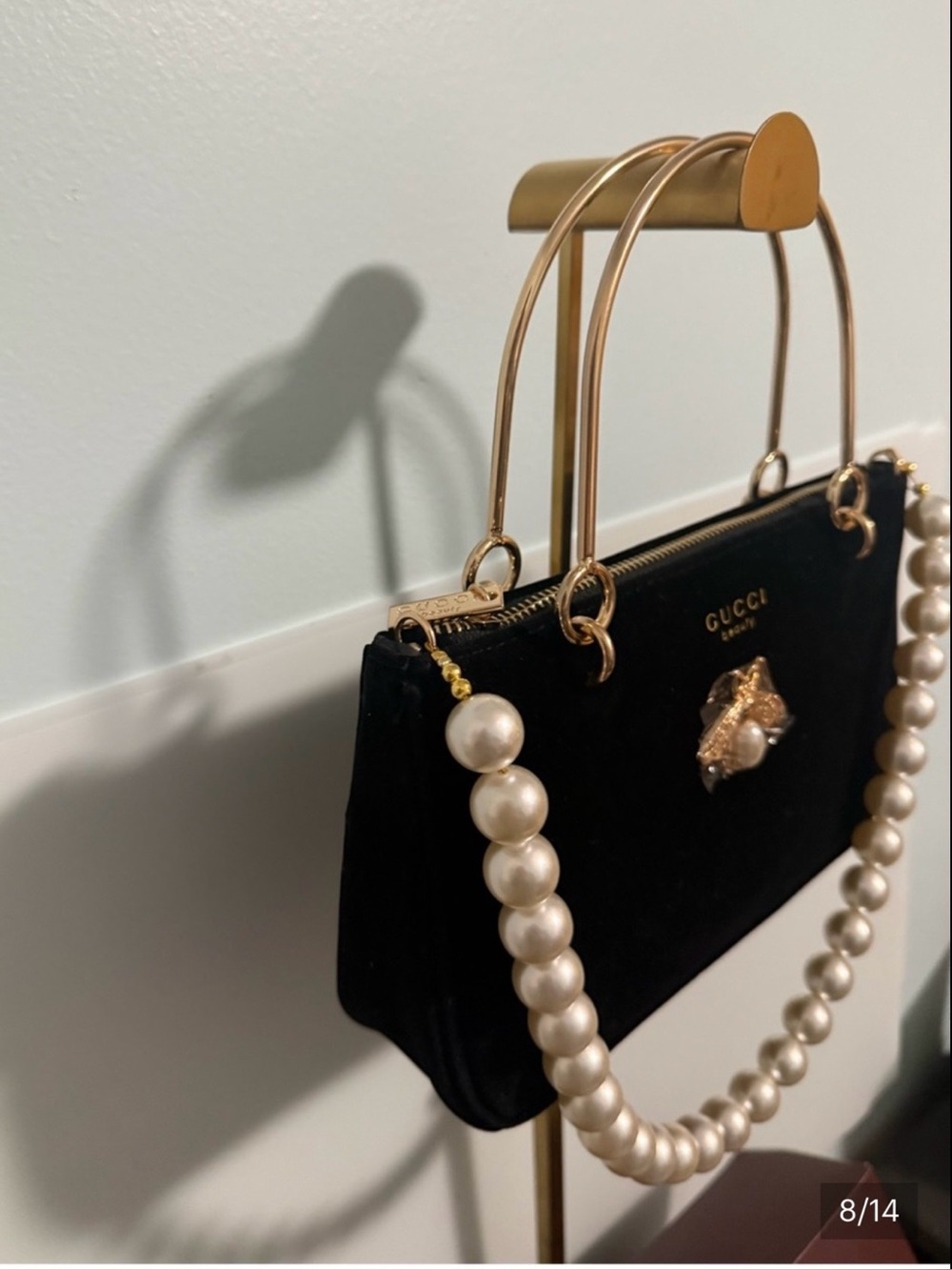 Gucci Beauty Velvet Black Cosmetic Pouch With Gold Handles and a Pearl Drop - Picture 8 of 11